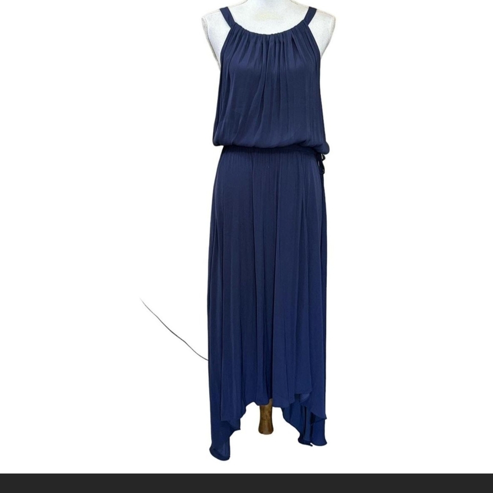CHICO'S DRESS  BLUE HIGH NECK BLOUSON HALTER  NECK TIE ELASTIC WAIST